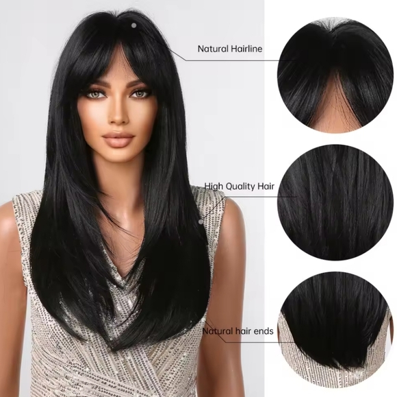 Dark Black Layered High-quality Synthetic Long Straight Wig - Picture 5 of 7